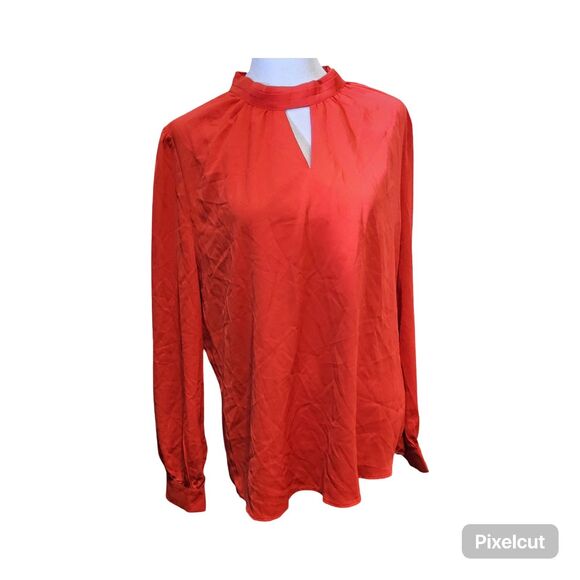 NWT Size Large Allegra K Red Stand Collar Pleated Button Keyhole Blouse - Picture 7 of 12